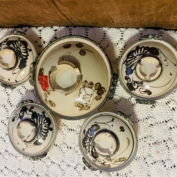 Vintage Donabe Japanese Rice Cooker Flower Motif Stoneware Earthenware Set Rare - Picture 2 of 14